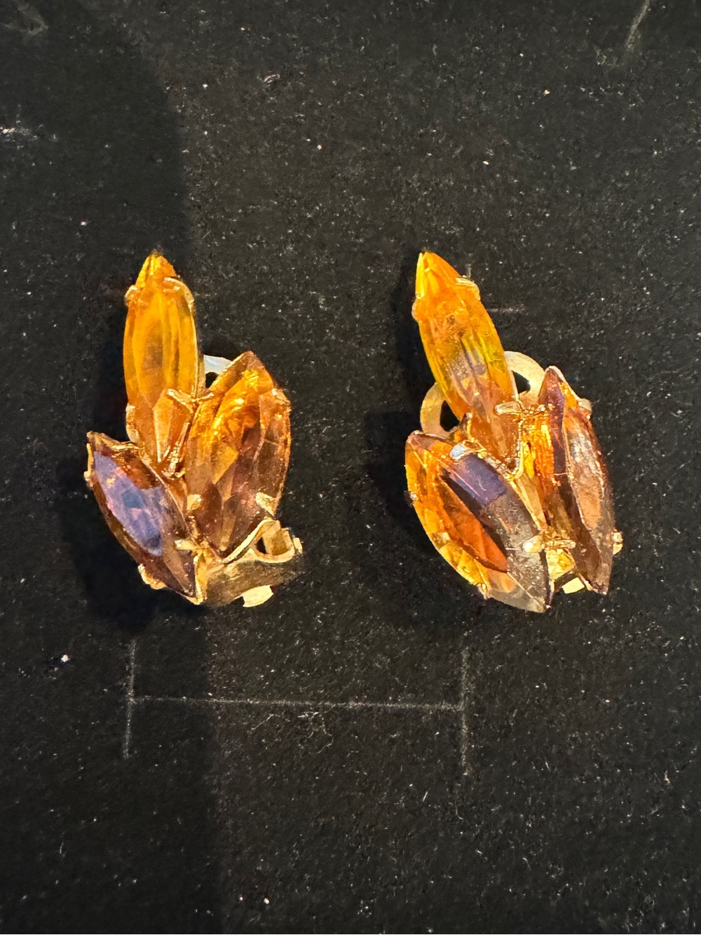 Vintage Amber tone Crystal Cluster Clip-On Earrings -